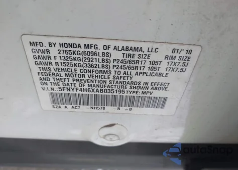 2010 Honda Pilot Ex-L z USA, uszkodzony, nr VIN 5FNYF4H6XAB035195